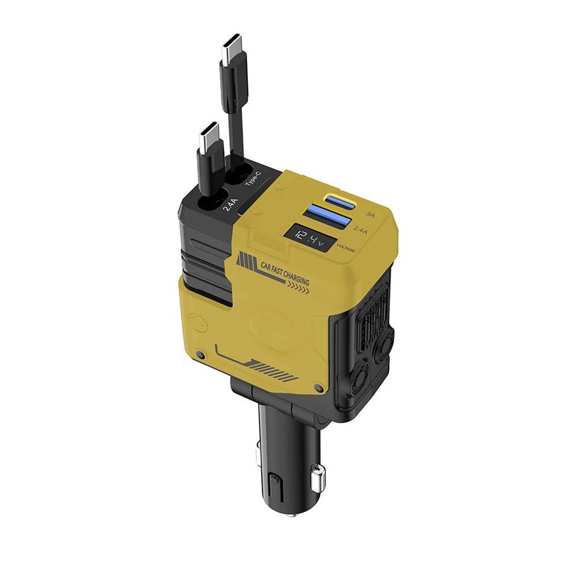 Bluejw Retractable Car Phone Charger 4-in-1: Fast Charging Adapter with 2 Retractable Cables (Type C & USB) & 2 USB Ports - Automobile Chargers for iPhone & Android - Image 2